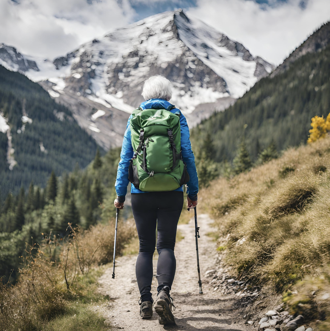Randonneuse séniore en montagne