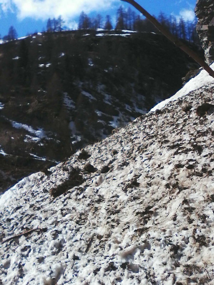 dÃ©but de traversÃ©e d'avalanche sur la vire entre les 2 falaises