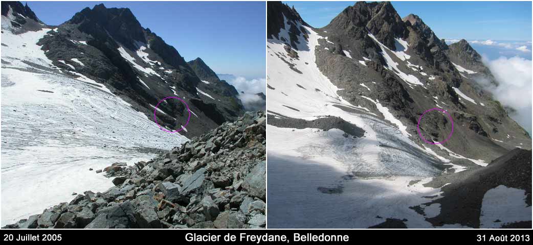 Glacier de Freydane à 8 ans d'intervalles
