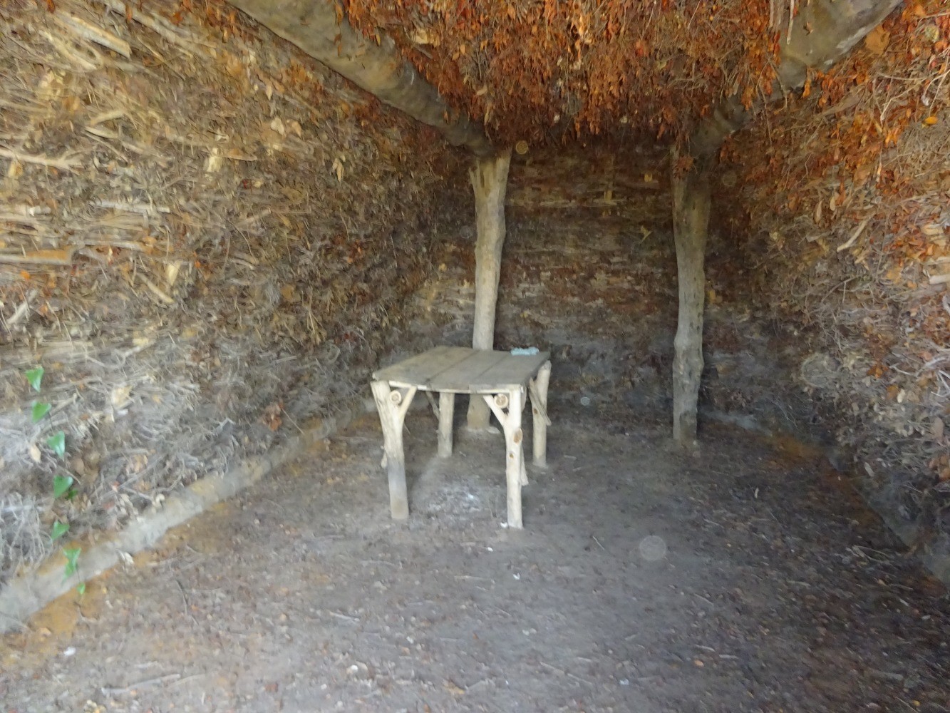 L'intÃ©rieur de la cabane de bergers, faite de bois, de branchages et de terre